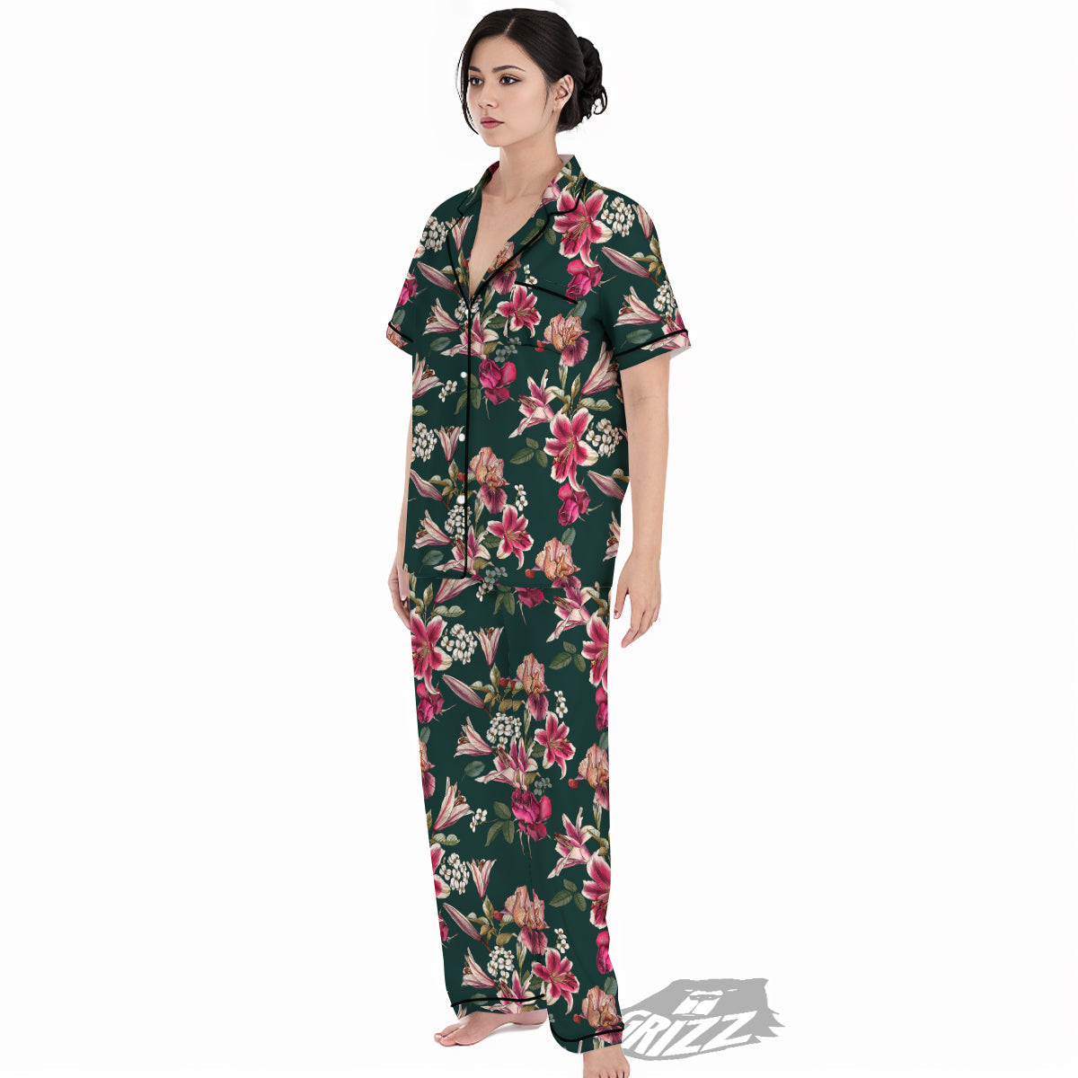 Lily Tropical Watercolor Print Pattern Women's Pajamas Set-grizzshop