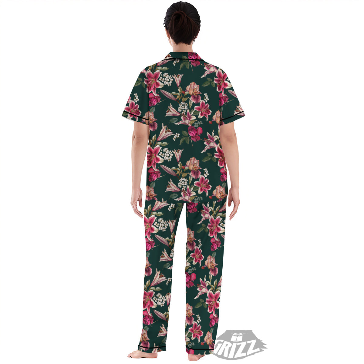 Lily Tropical Watercolor Print Pattern Women's Pajamas Set-grizzshop