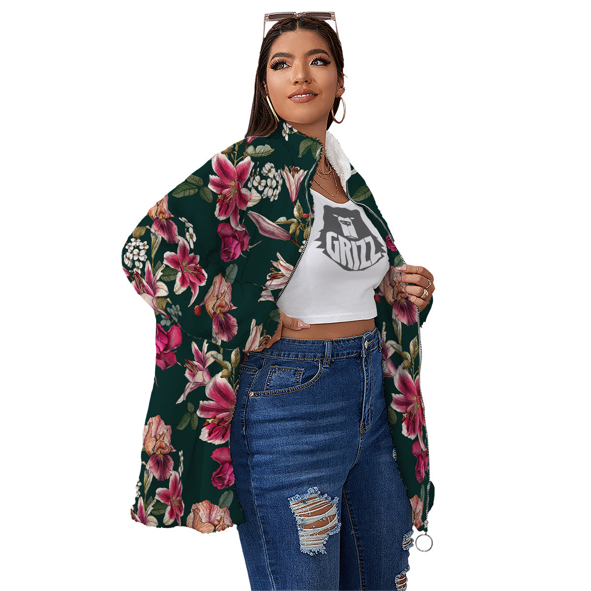 Lily Tropical Watercolor Print Pattern Women's Sherpa Jacket-grizzshop