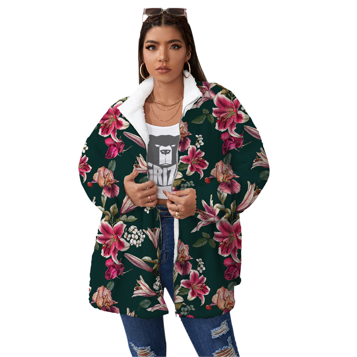 Lily Tropical Watercolor Print Pattern Women's Sherpa Jacket-grizzshop