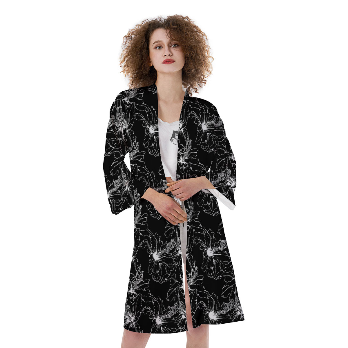 Lily White And Black Print Pattern Kimono-grizzshop