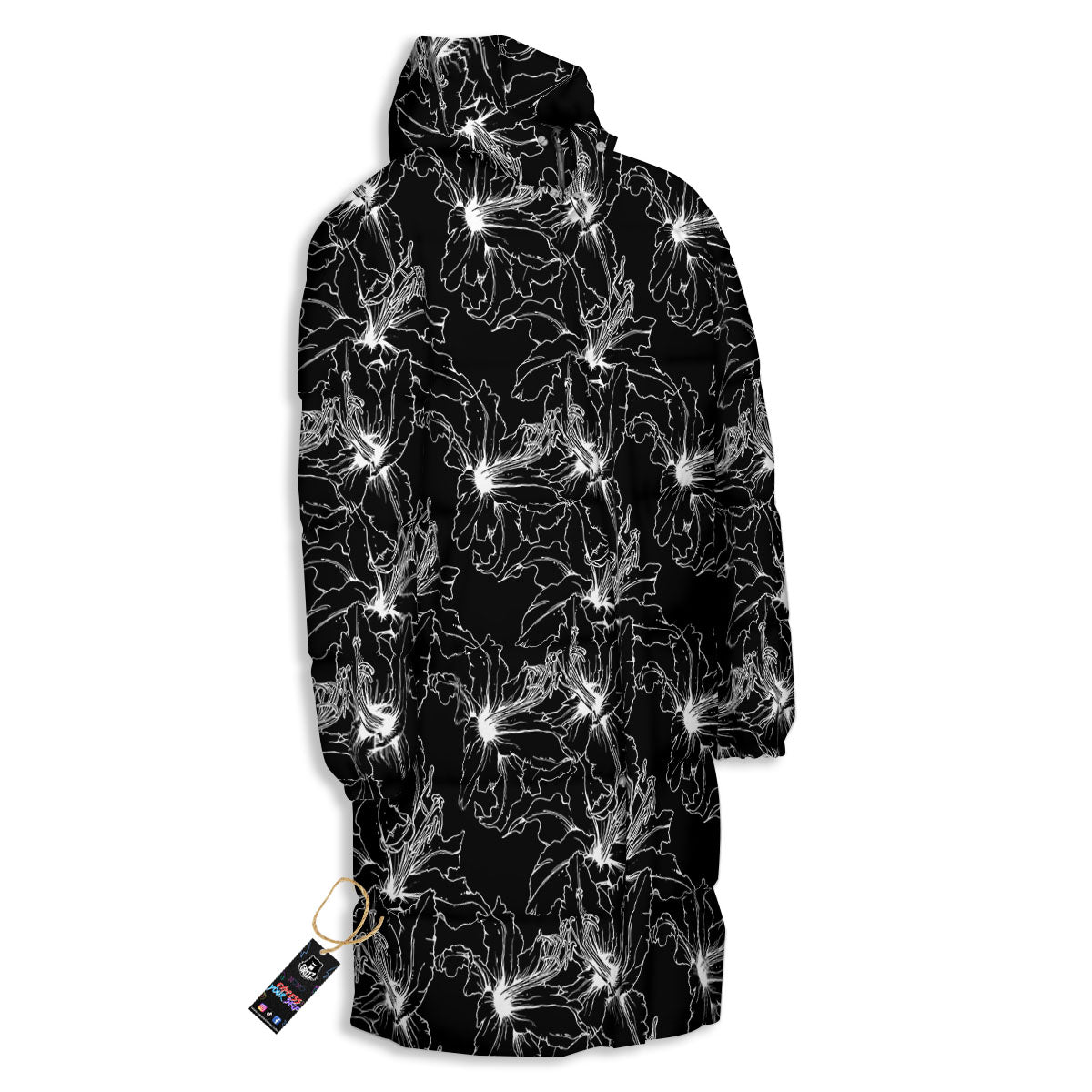 Lily White And Black Print Pattern Long Down Jacket-grizzshop