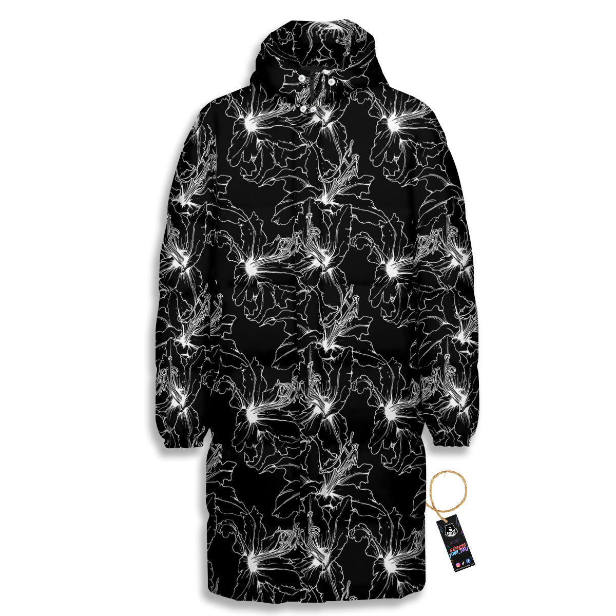 Lily White And Black Print Pattern Long Down Jacket-grizzshop
