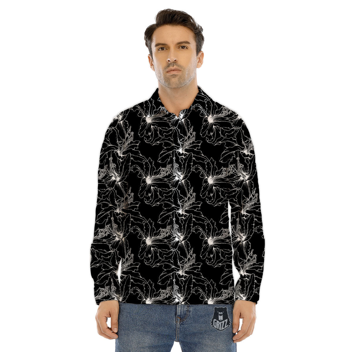 Lily White And Black Print Pattern Men's Dress Shirts-grizzshop