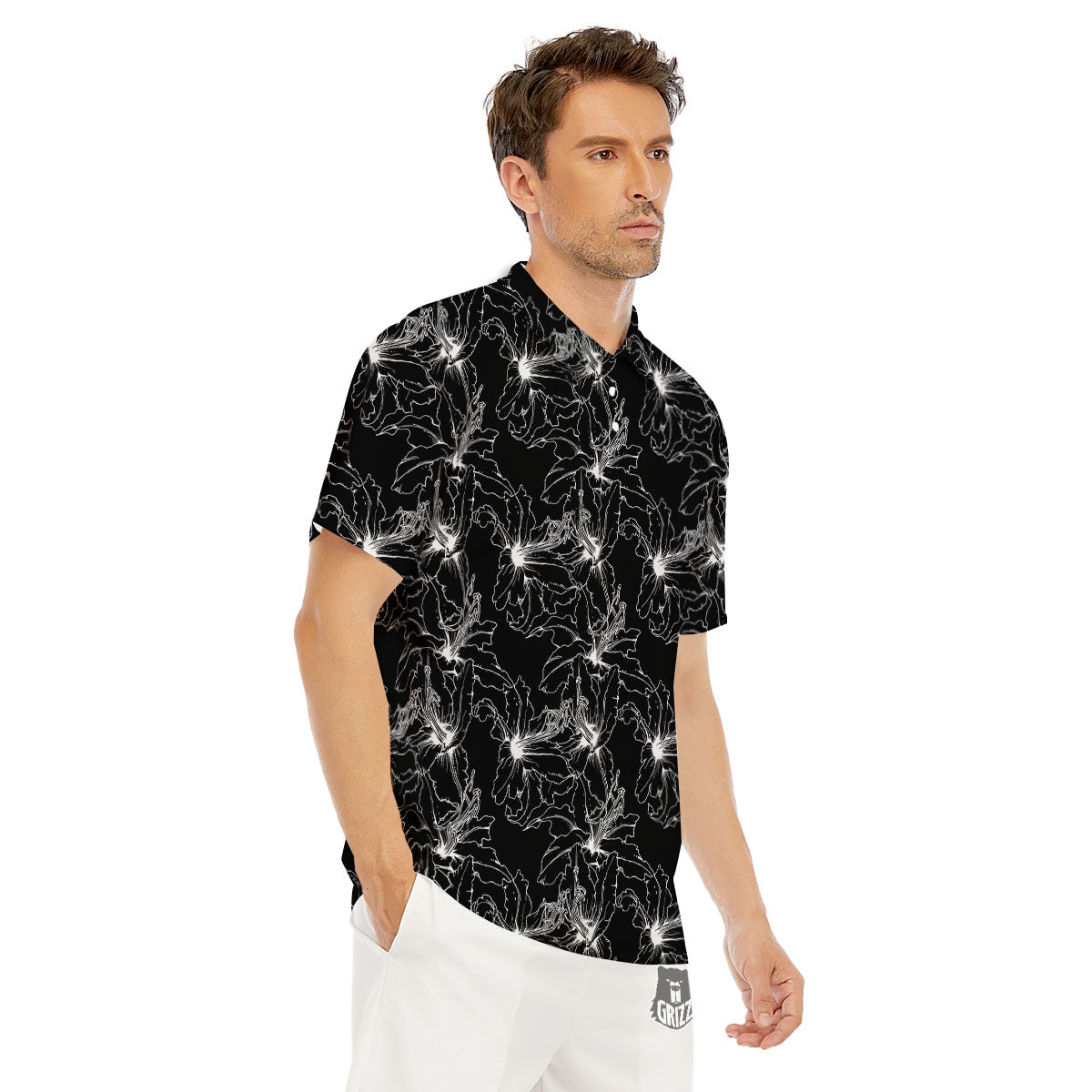Lily White And Black Print Pattern Men's Golf Shirts-grizzshop