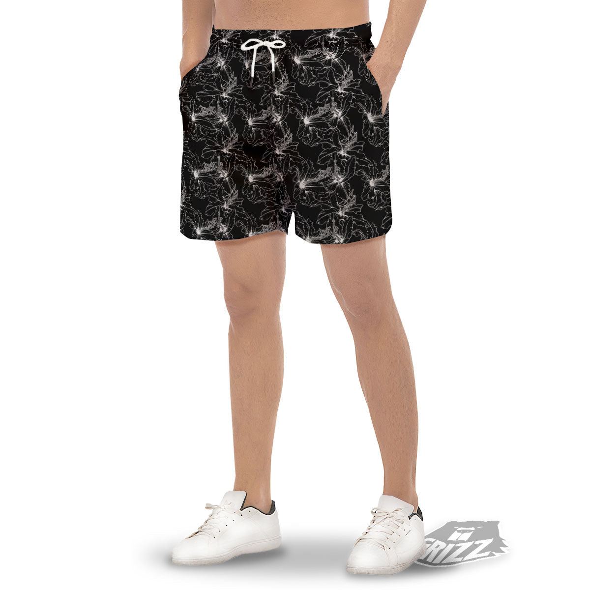 Lily White And Black Print Pattern Men's Gym Shorts-grizzshop