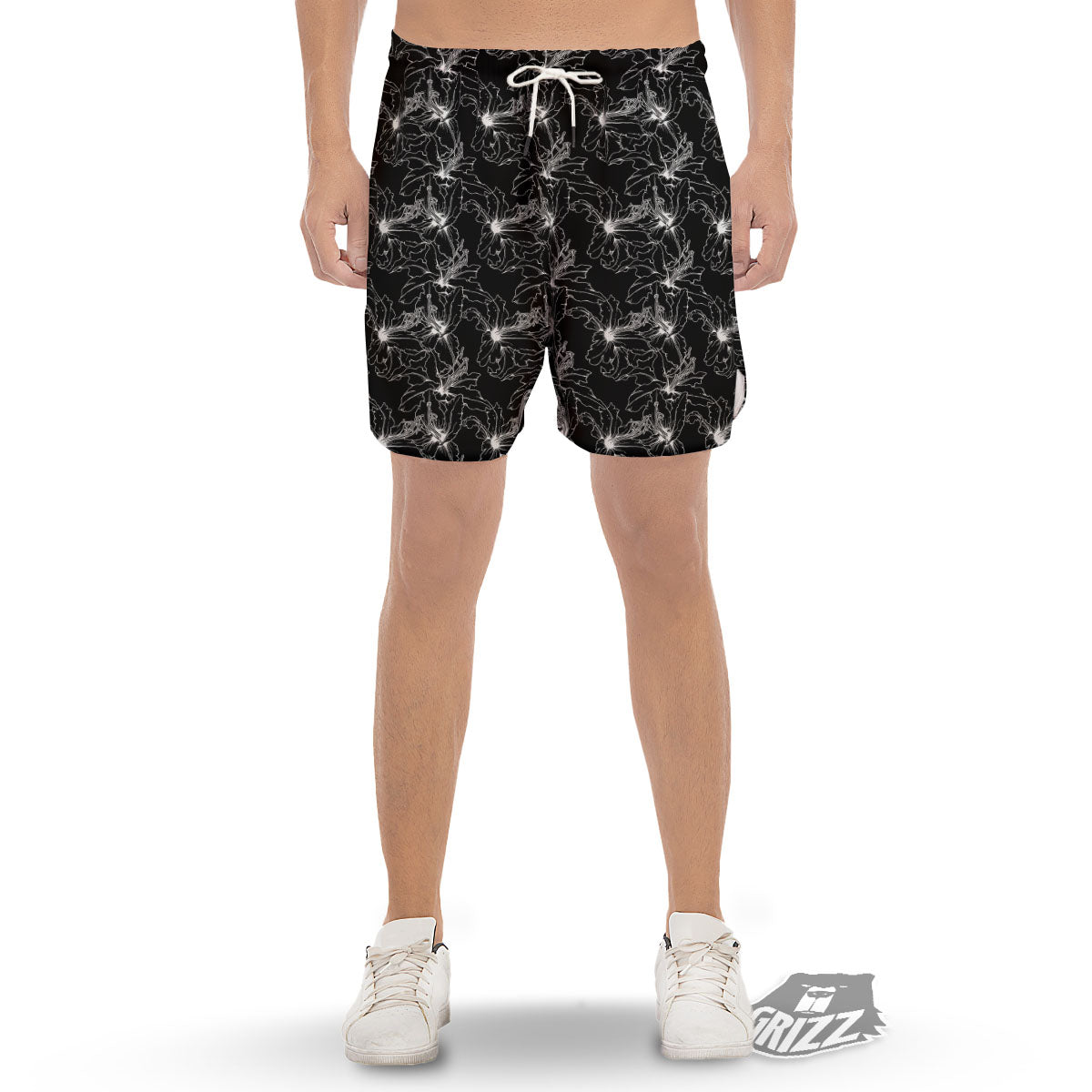 Lily White And Black Print Pattern Men's Gym Shorts-grizzshop