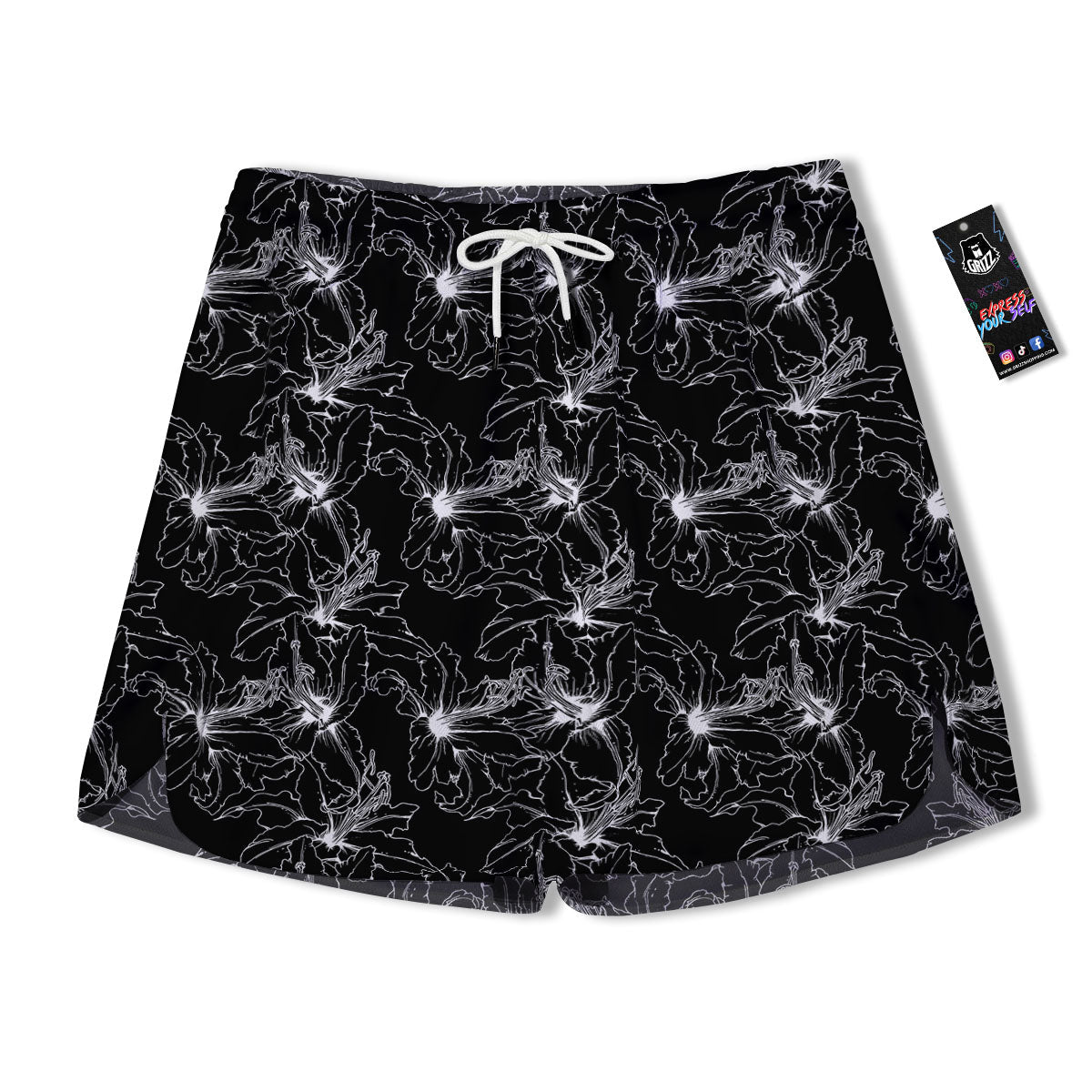 Lily White And Black Print Pattern Men's Running Shorts-grizzshop