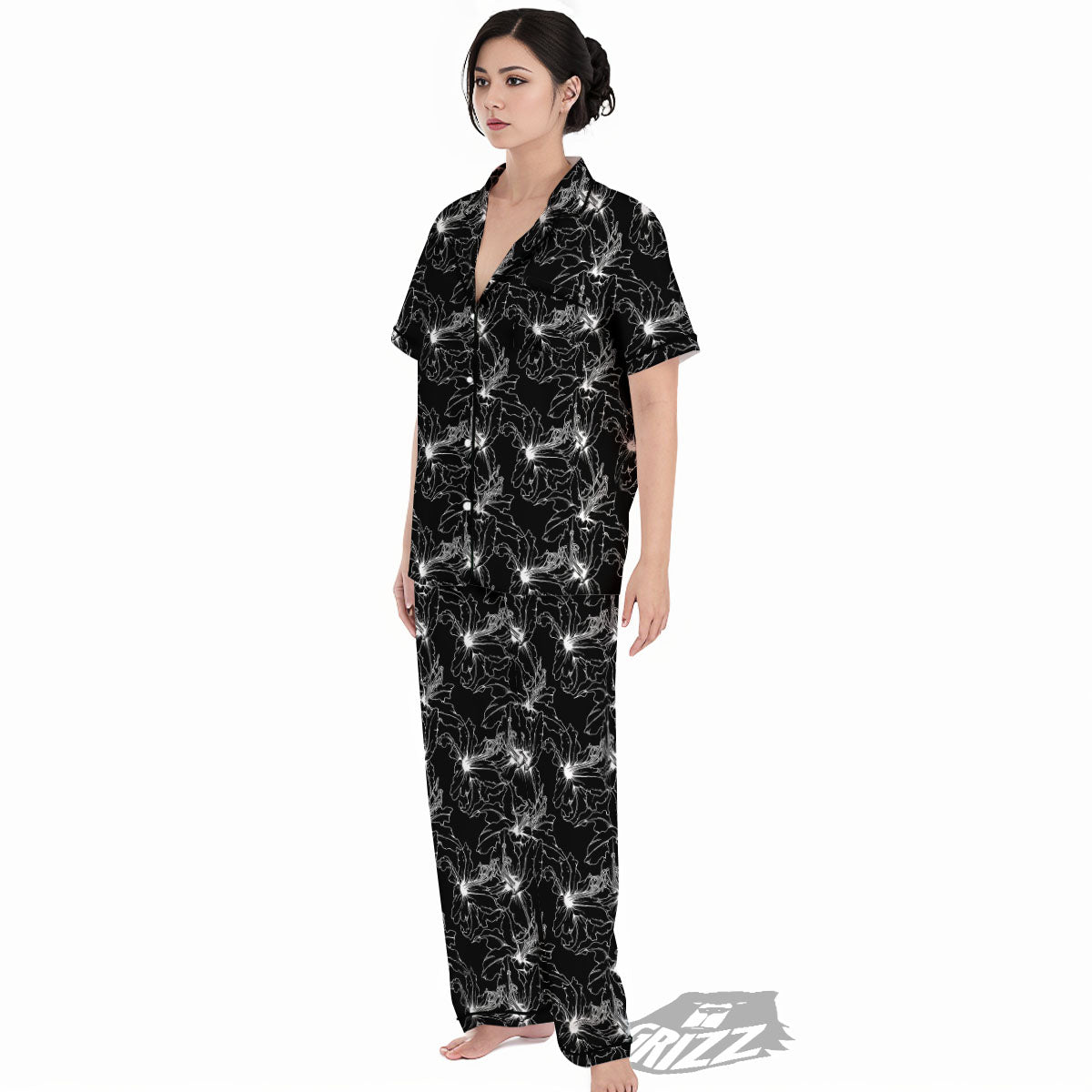 Lily White And Black Print Pattern Women's Pajamas Set-grizzshop