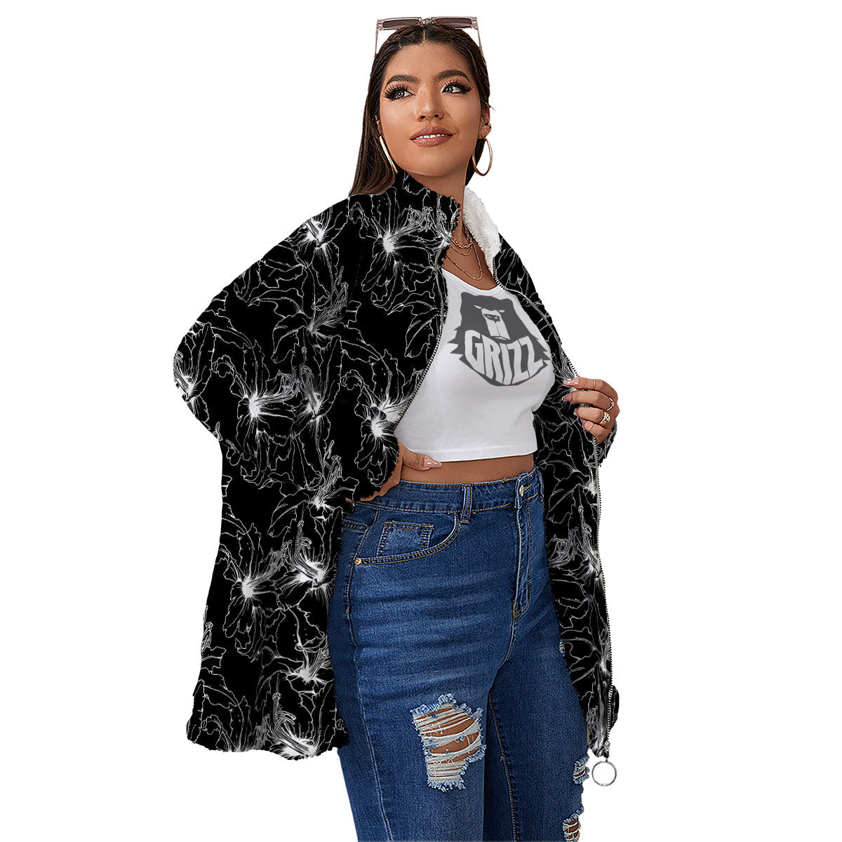 Lily White And Black Print Pattern Women's Sherpa Jacket-grizzshop