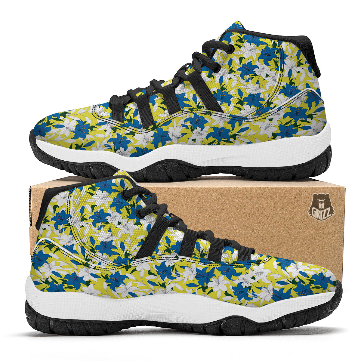 Lily Yellow Print Pattern Black Bball Shoes-grizzshop