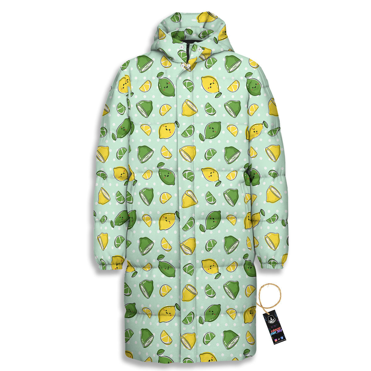 Lime Cute Print Pattern Long Down Jacket-grizzshop