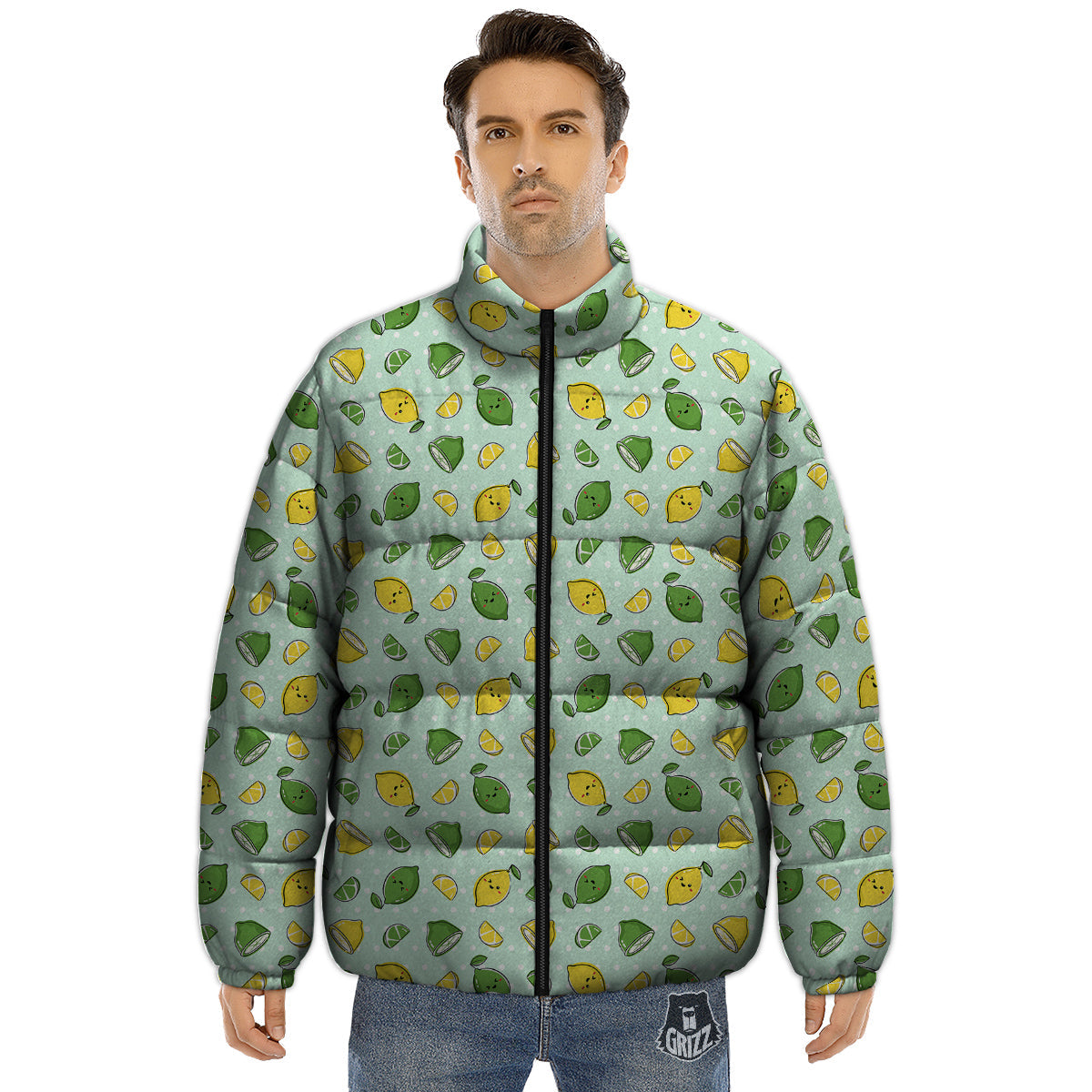 Lime Cute Print Pattern Puffer Jacket-grizzshop