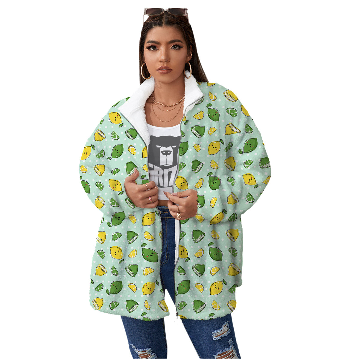 Lime Cute Print Pattern Women's Sherpa Jacket-grizzshop