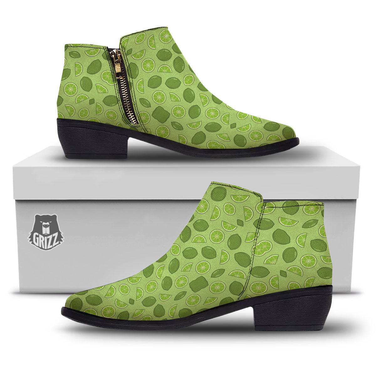 Lime Green Print Pattern Ankle Boots-grizzshop