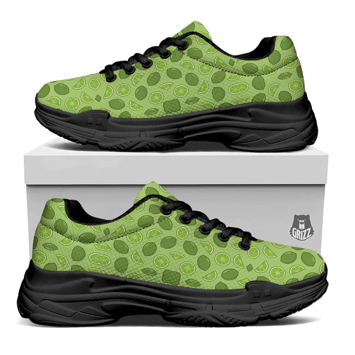 Lime Green Print Pattern Black Chunky Shoes-grizzshop