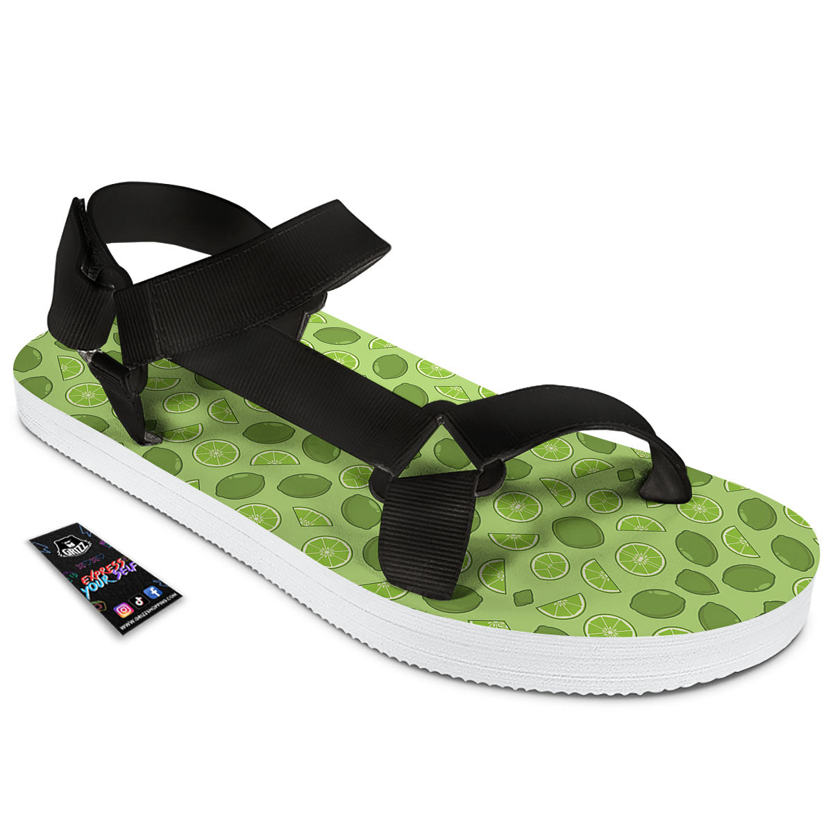 Lime Green Print Pattern Black Open Toe Sandals-grizzshop