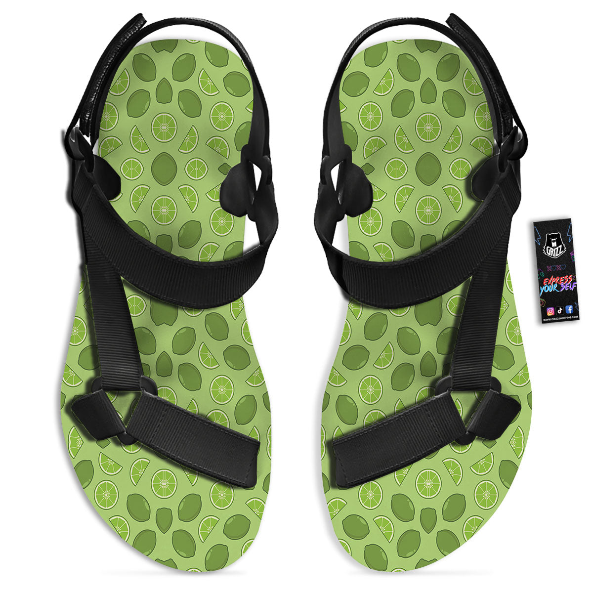 Lime Green Print Pattern Black Open Toe Sandals-grizzshop