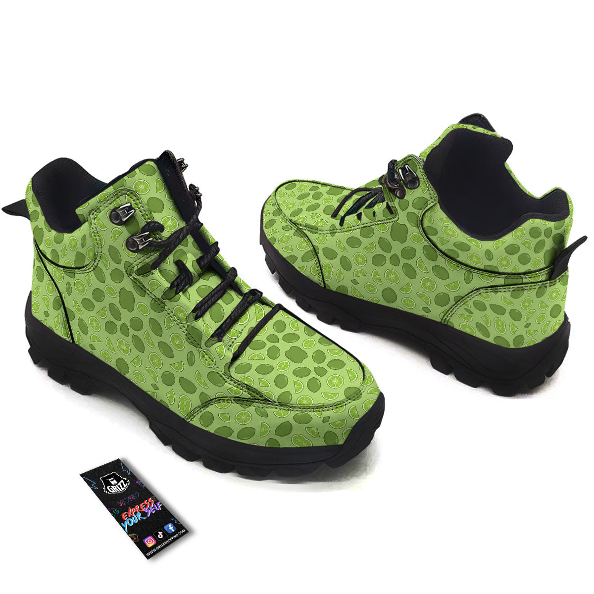 Lime Green Print Pattern Hiking Shoes-grizzshop