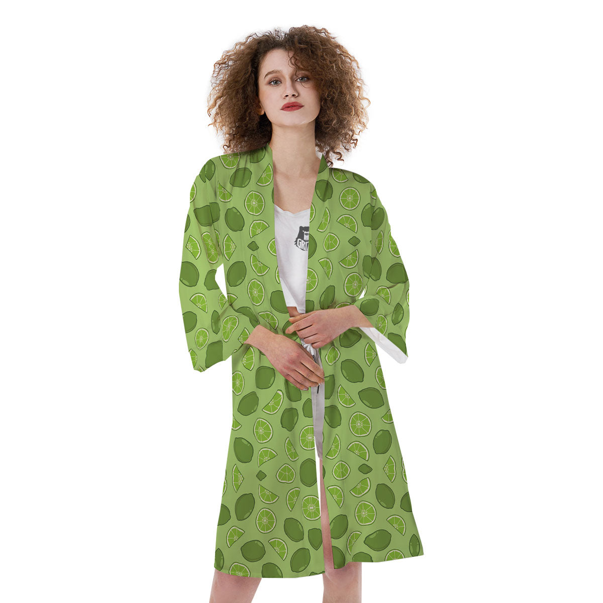 Lime Green Print Pattern Kimono-grizzshop