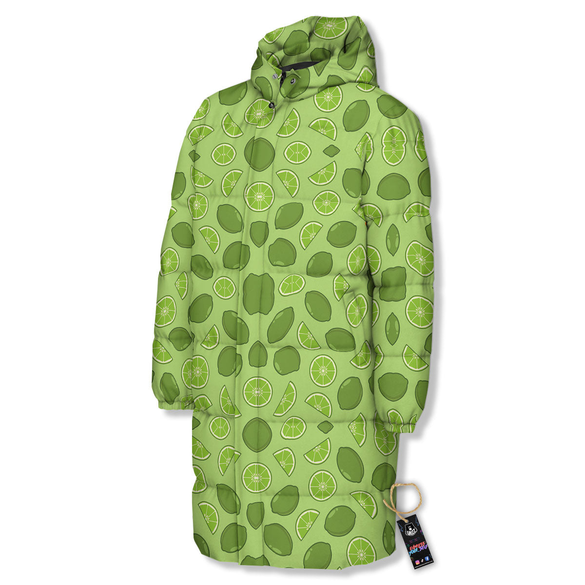 Lime Green Print Pattern Long Down Jacket-grizzshop