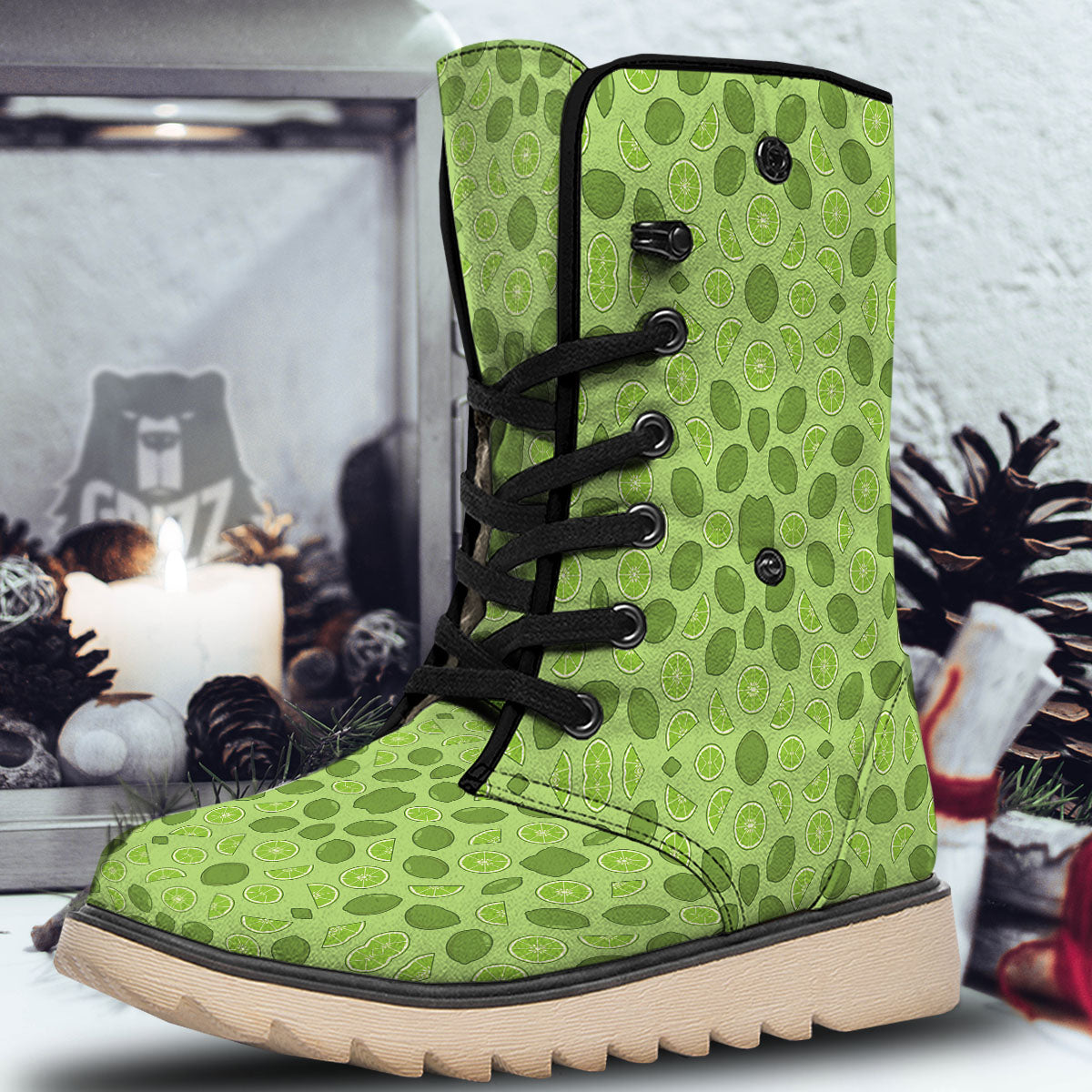 Lime Green Print Pattern Snow Boots-grizzshop