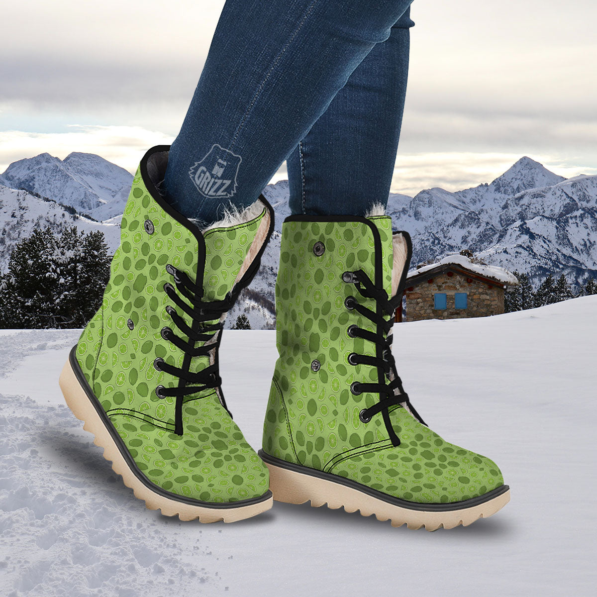Lime Green Print Pattern Snow Boots-grizzshop