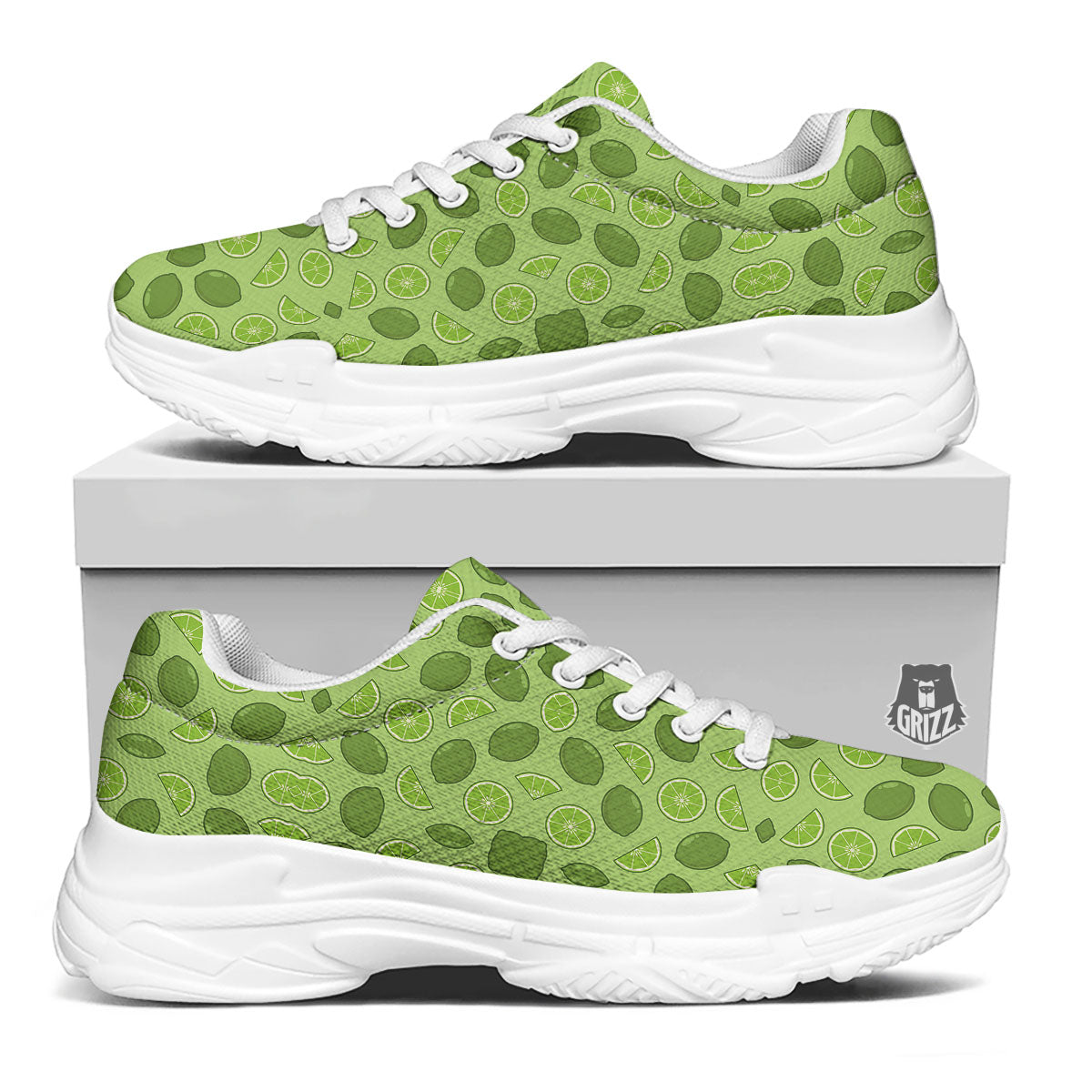 Lime Green Print Pattern White Chunky Shoes-grizzshop