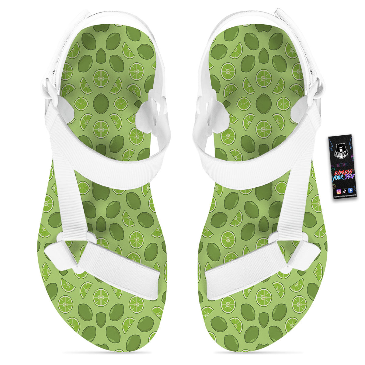 Lime Green Print Pattern White Open Toe Sandals-grizzshop
