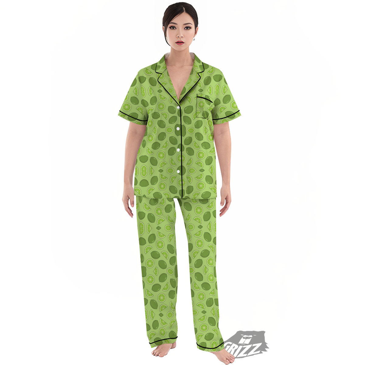 Lime Green Print Pattern Women's Pajamas Set-grizzshop