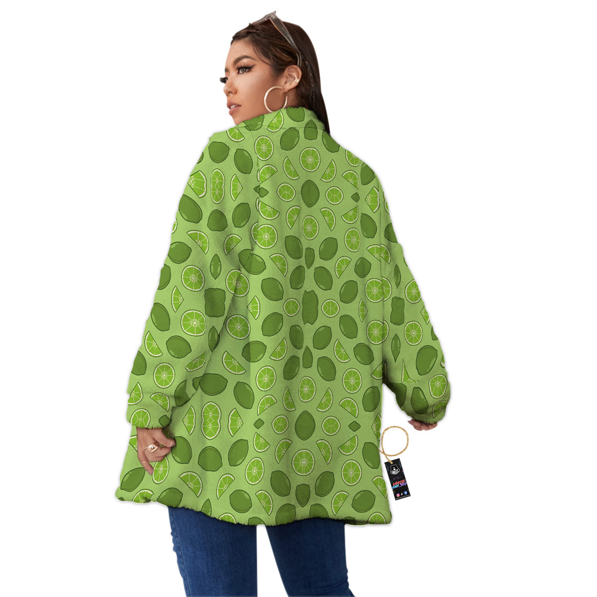 Lime Green Print Pattern Women's Sherpa Jacket-grizzshop