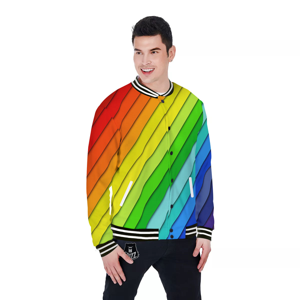 Lines Rainbow Diagonal Print Pattern Baseball Jacket-grizzshop
