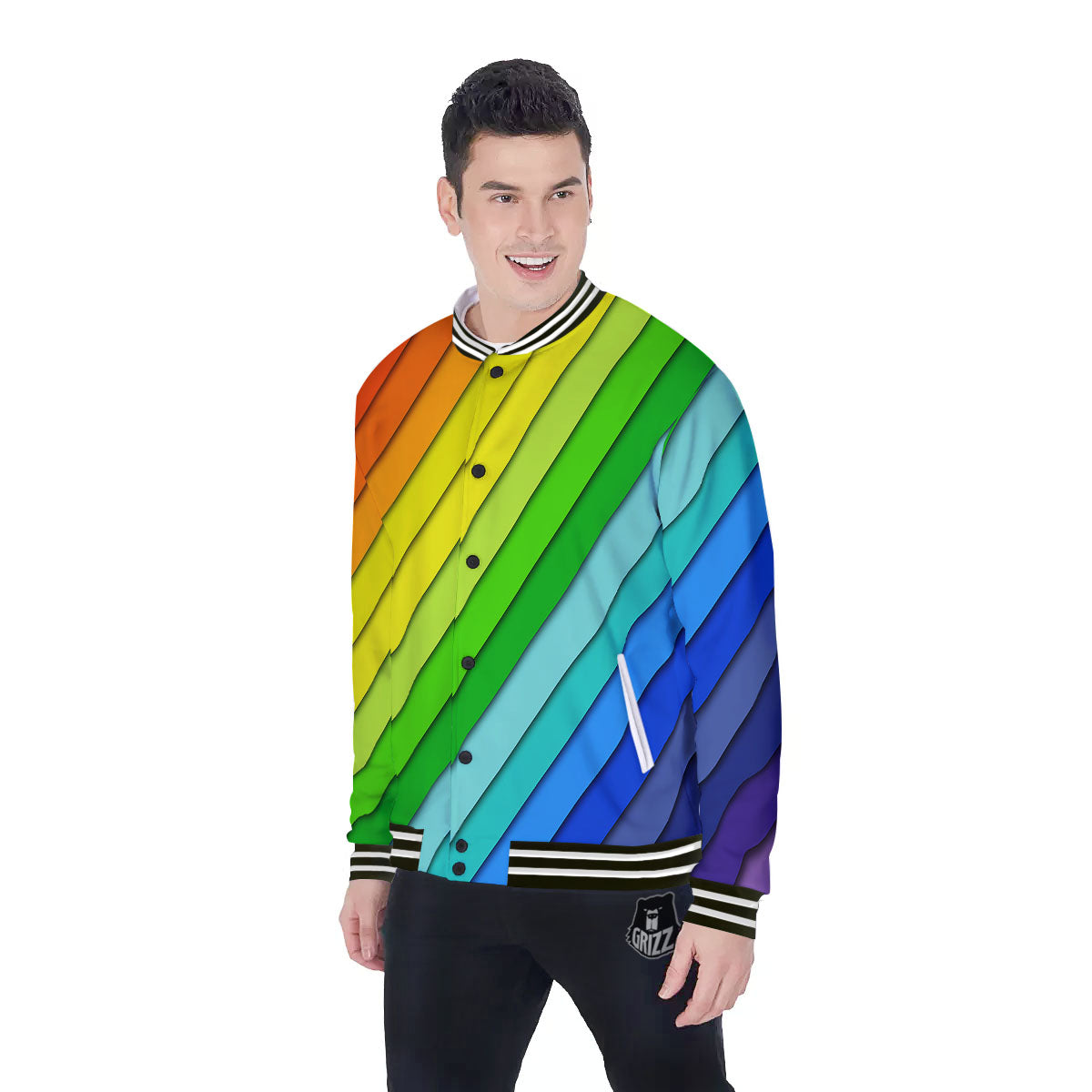 Lines Rainbow Diagonal Print Pattern Baseball Jacket-grizzshop