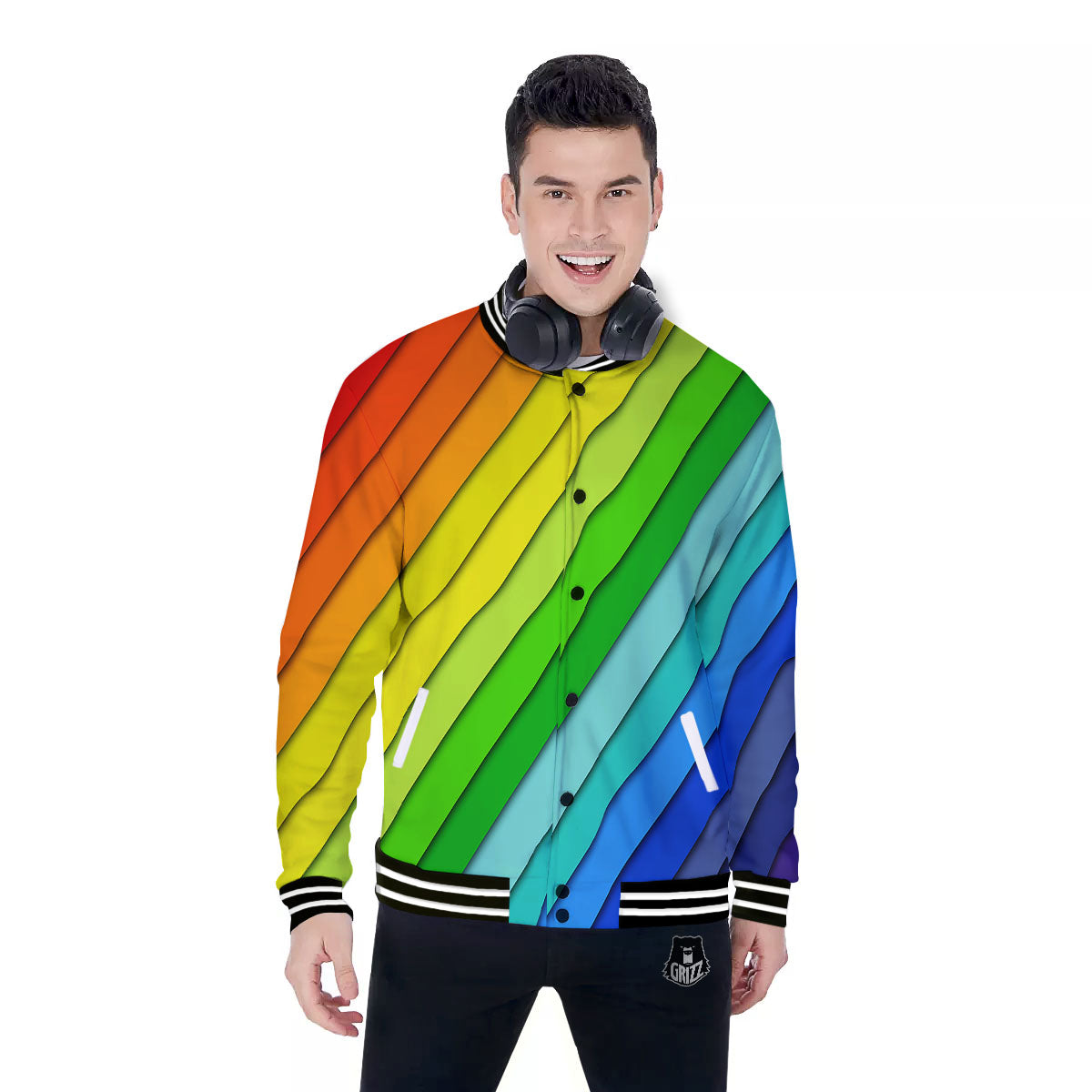 Lines Rainbow Diagonal Print Pattern Baseball Jacket-grizzshop