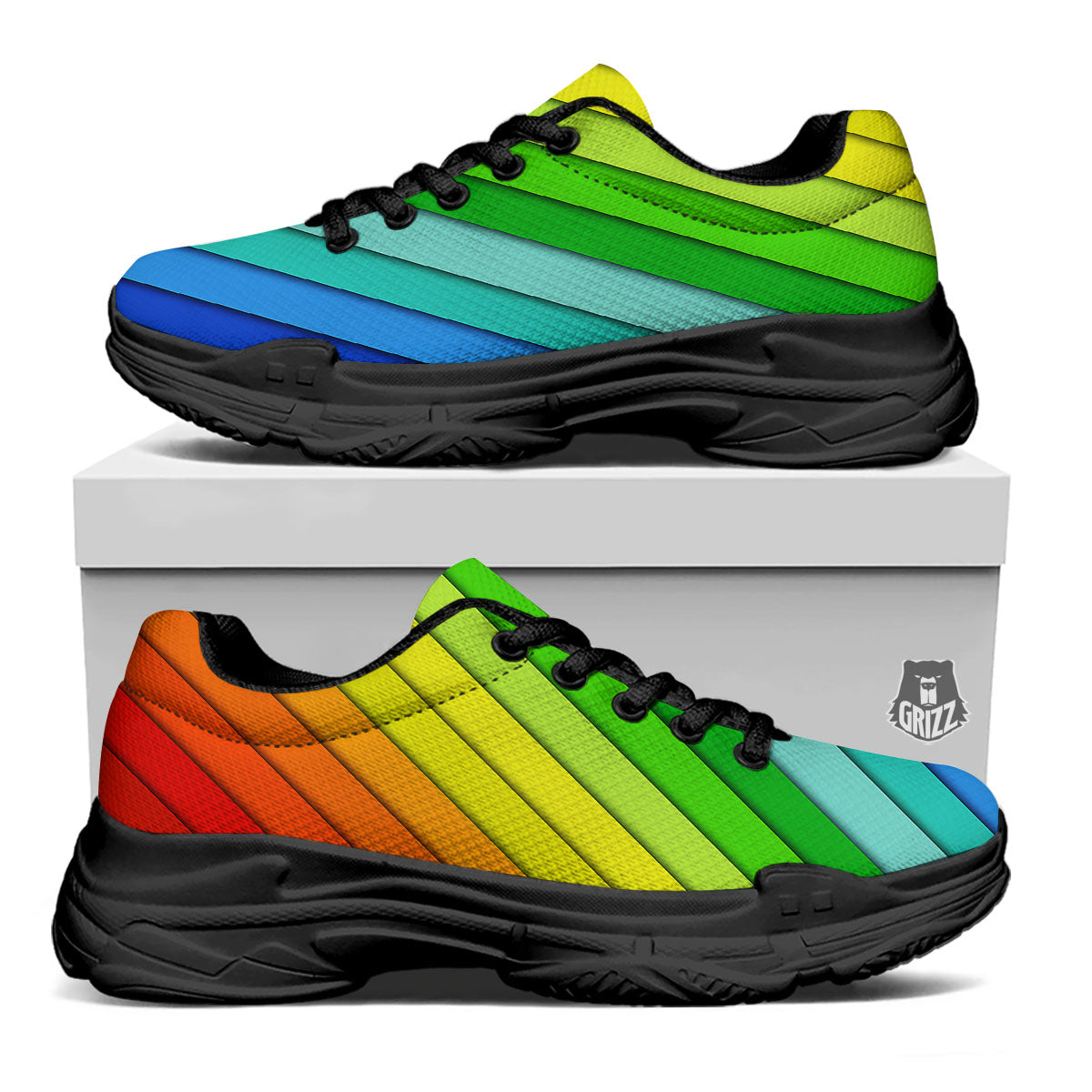 Lines Rainbow Diagonal Print Pattern Black Chunky Shoes-grizzshop