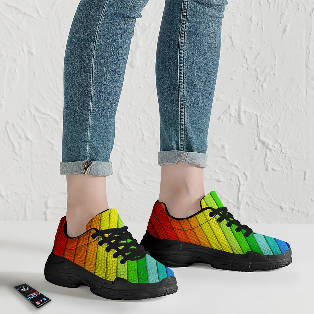 Lines Rainbow Diagonal Print Pattern Black Chunky Shoes-grizzshop