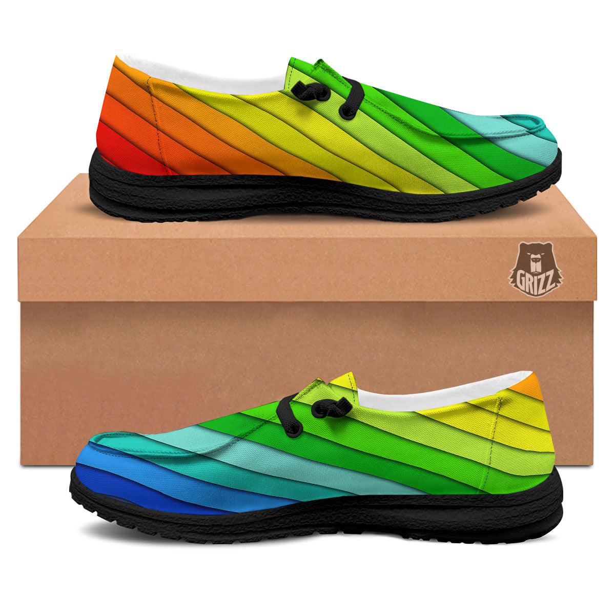 Lines Rainbow Diagonal Print Pattern Black Loafers-grizzshop