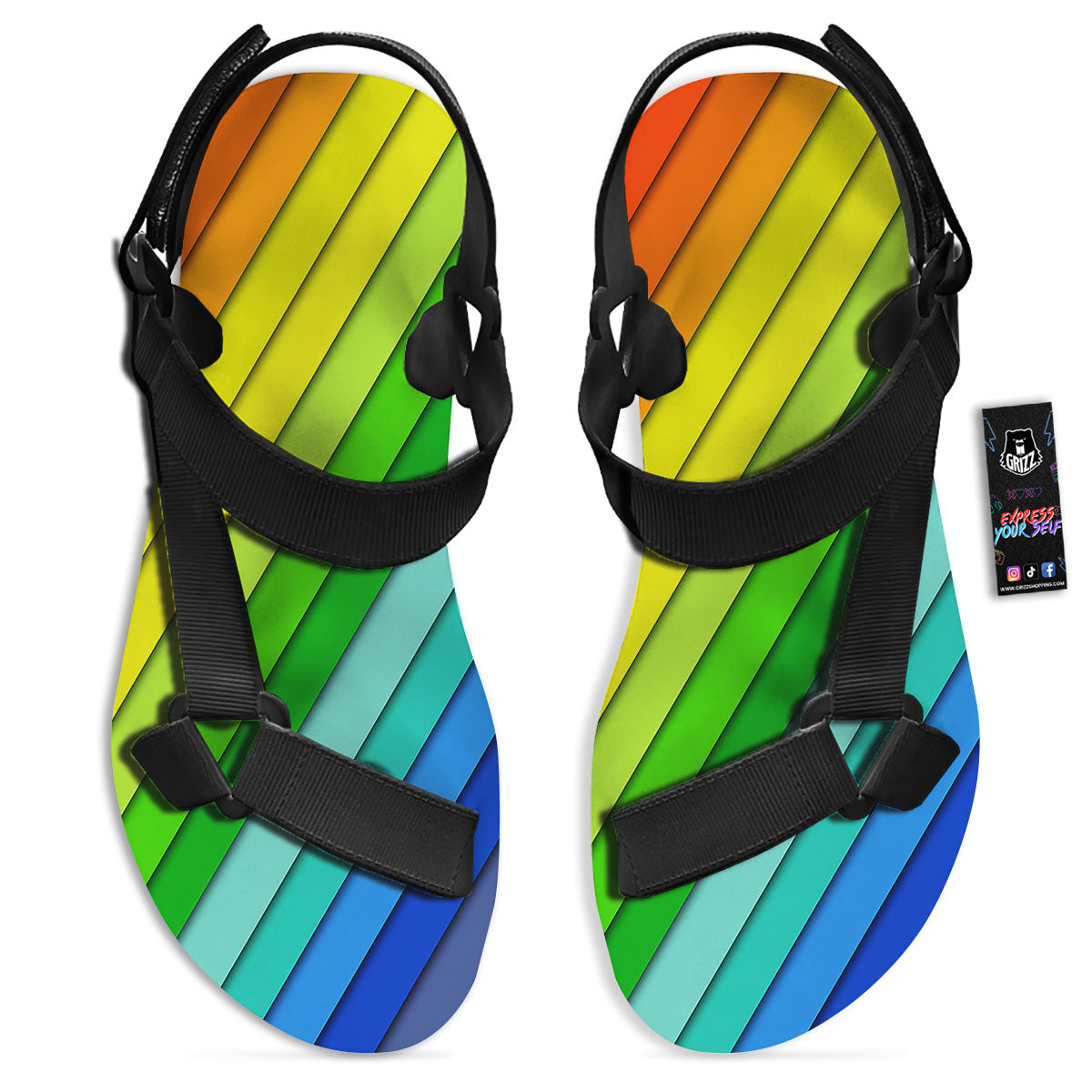 Lines Rainbow Diagonal Print Pattern Black Open Toe Sandals-grizzshop