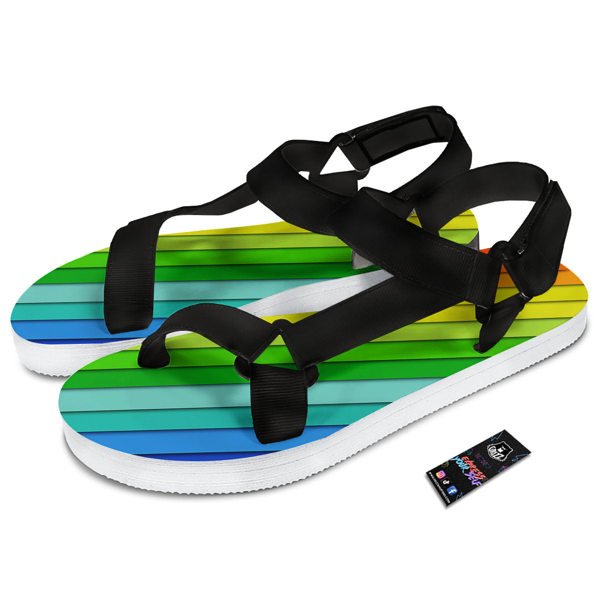 Lines Rainbow Diagonal Print Pattern Black Open Toe Sandals-grizzshop