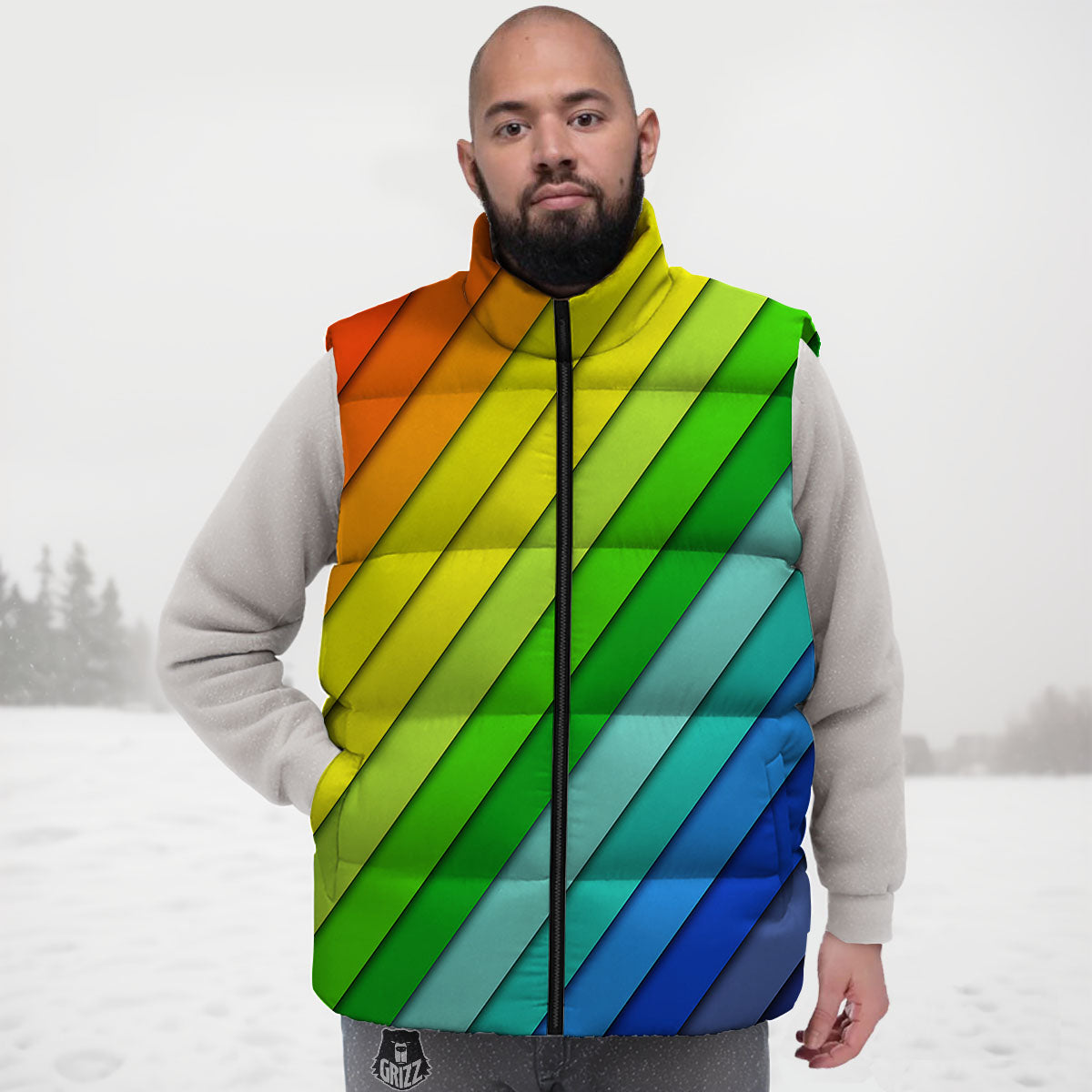 Lines Rainbow Diagonal Print Pattern Down Vest