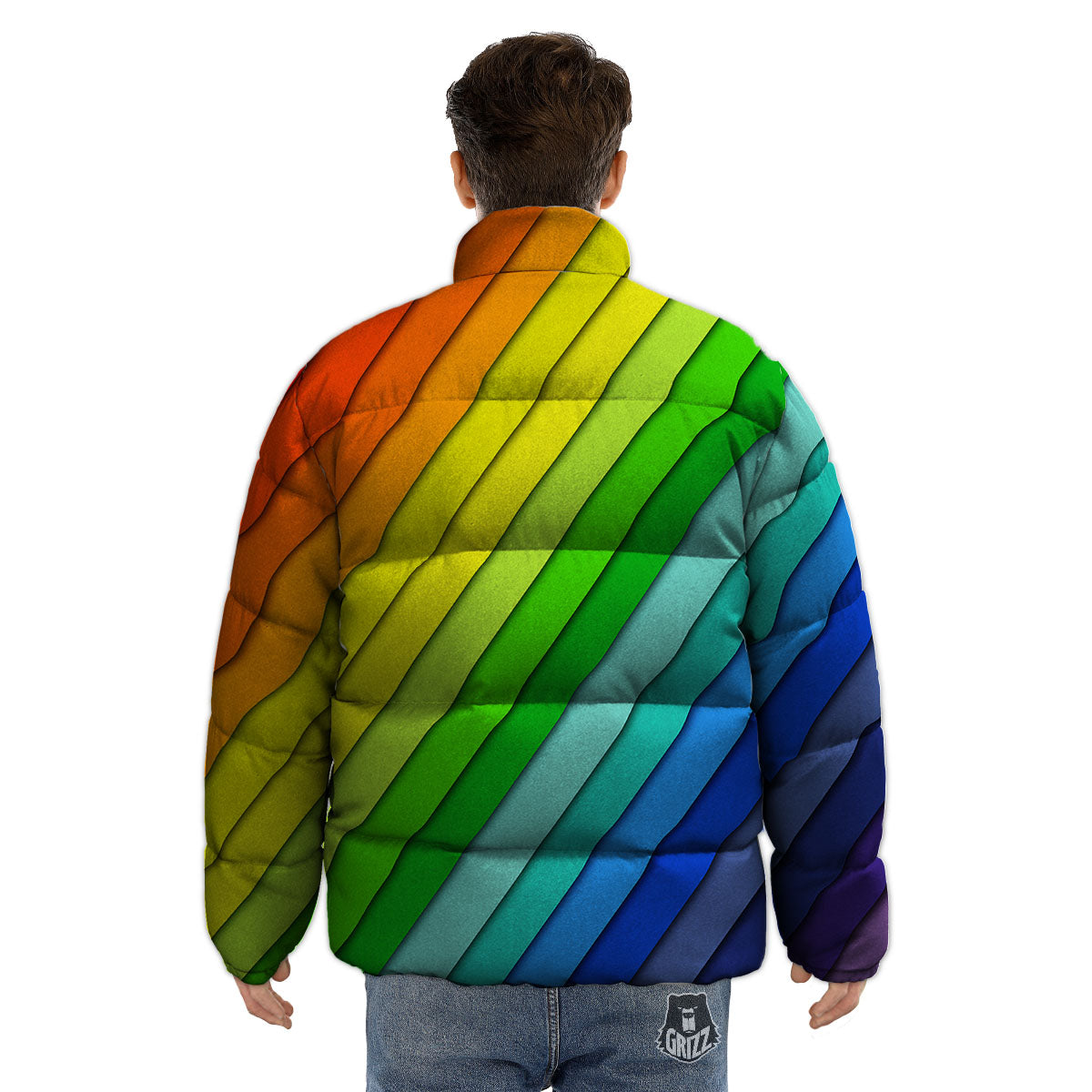 Lines Rainbow Diagonal Print Pattern Puffer Jacket-grizzshop