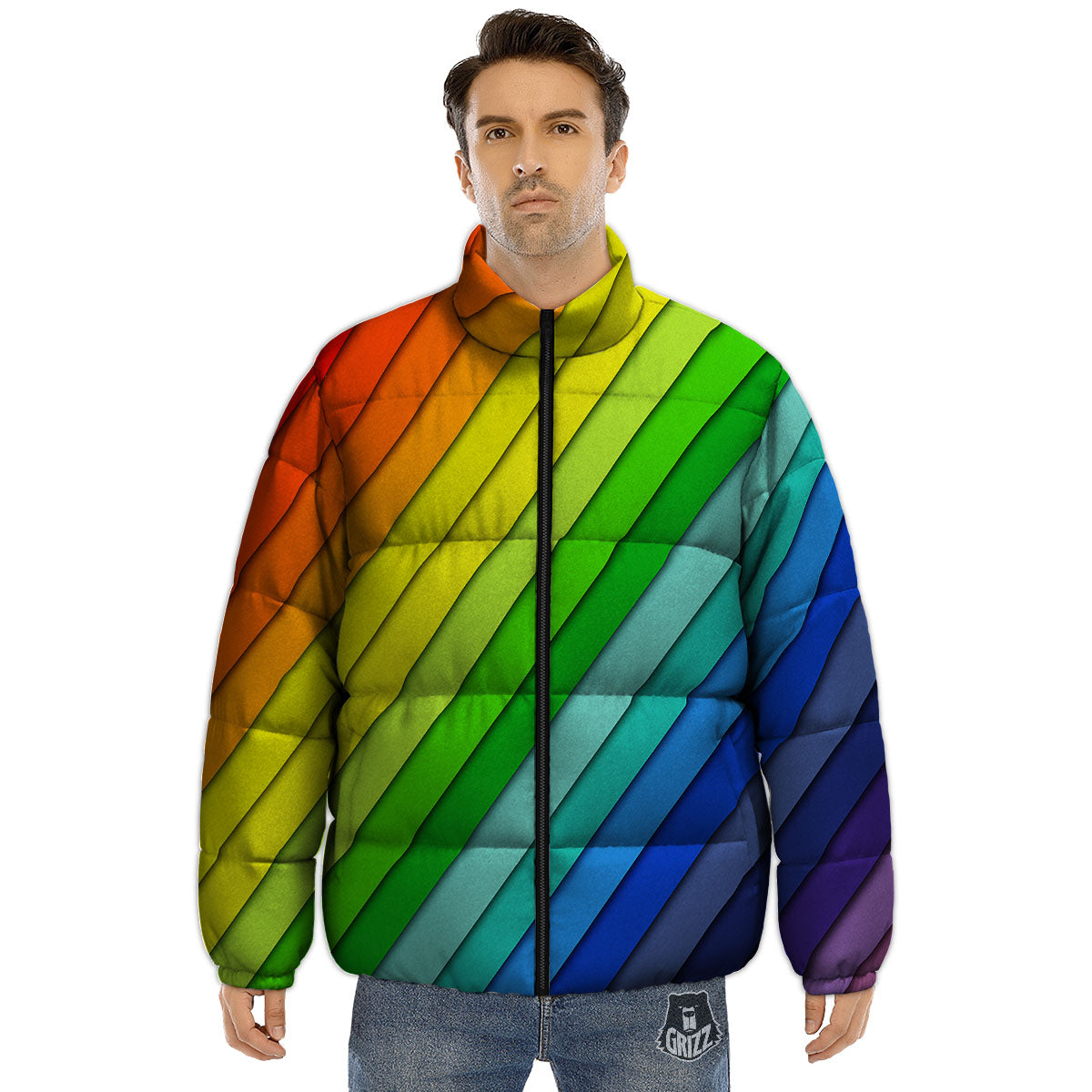 Lines Rainbow Diagonal Print Pattern Puffer Jacket-grizzshop