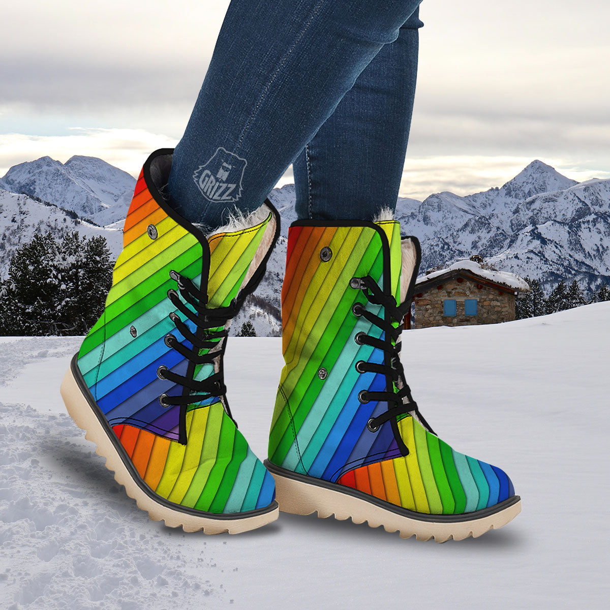 Lines Rainbow Diagonal Print Pattern Snow Boots-grizzshop