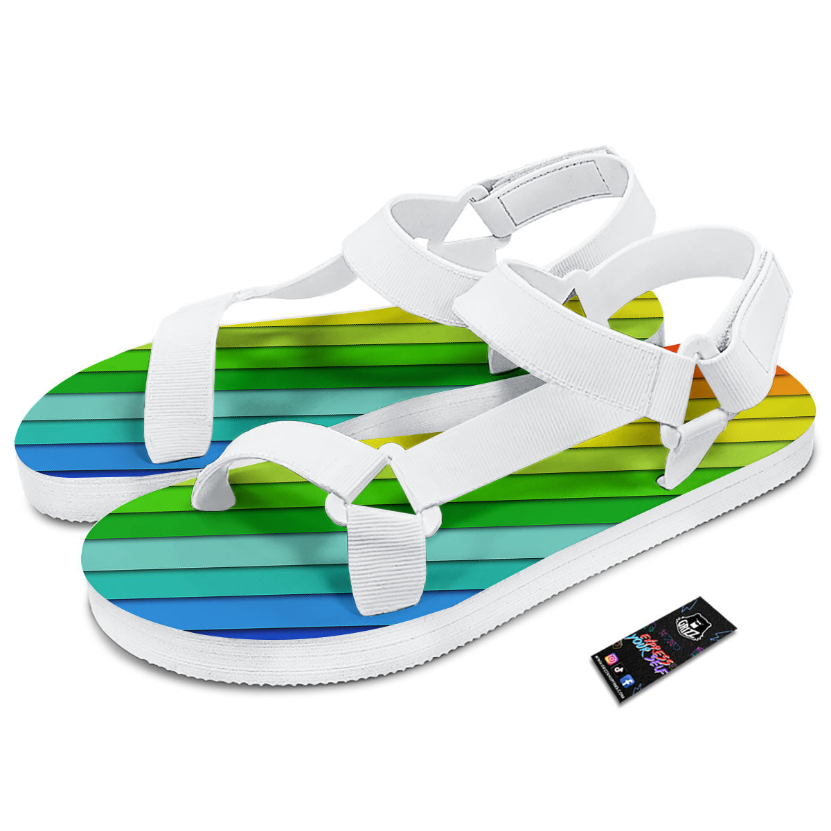 Lines Rainbow Diagonal Print Pattern White Open Toe Sandals-grizzshop