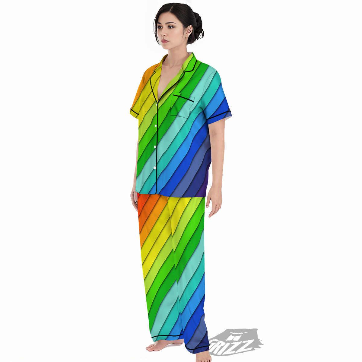 Lines Rainbow Diagonal Print Pattern Women's Pajamas Set-grizzshop