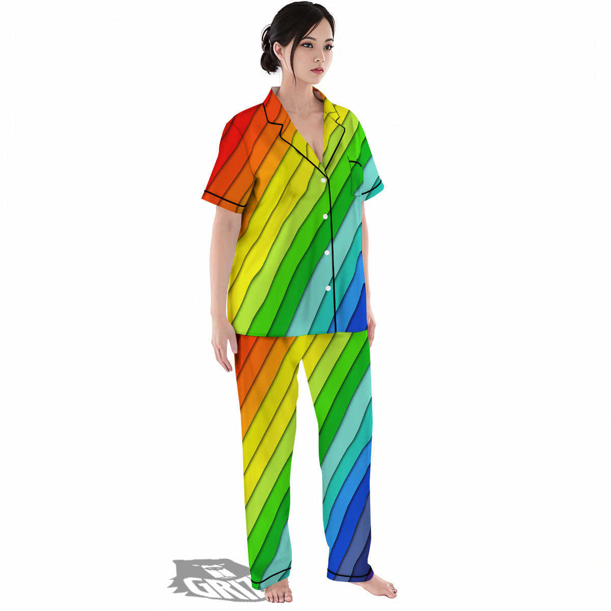 Lines Rainbow Diagonal Print Pattern Women's Pajamas Set-grizzshop