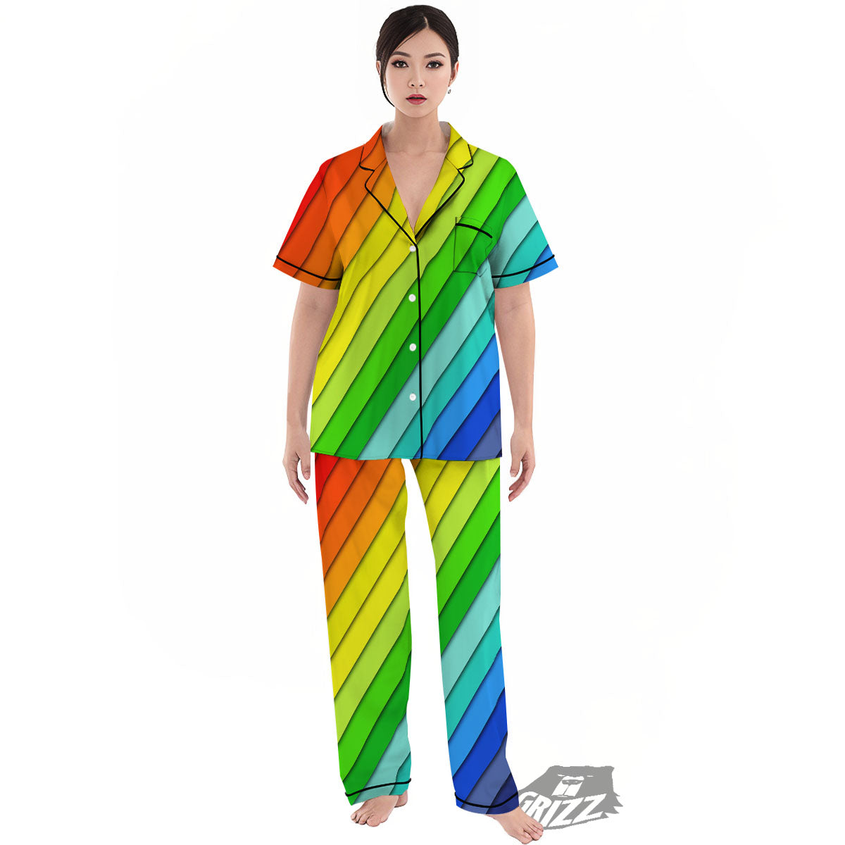 Lines Rainbow Diagonal Print Pattern Women's Pajamas Set-grizzshop