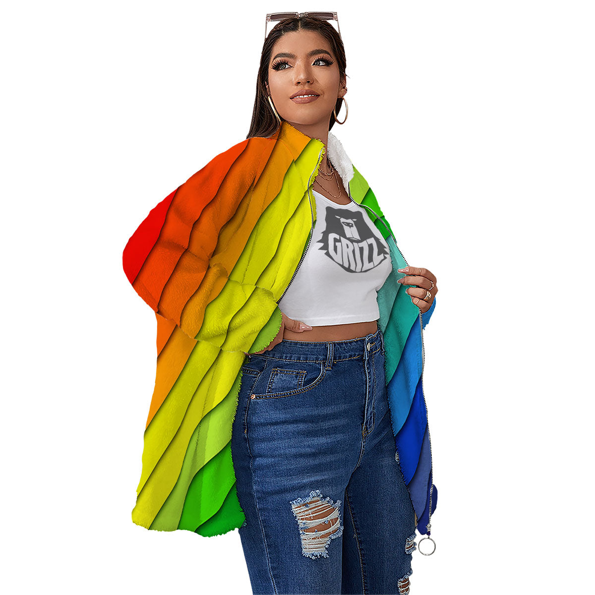 Lines Rainbow Diagonal Print Pattern Women's Sherpa Jacket-grizzshop