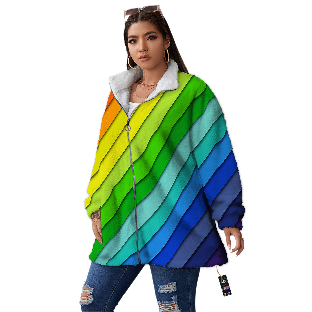 Lines Rainbow Diagonal Print Pattern Women's Sherpa Jacket-grizzshop