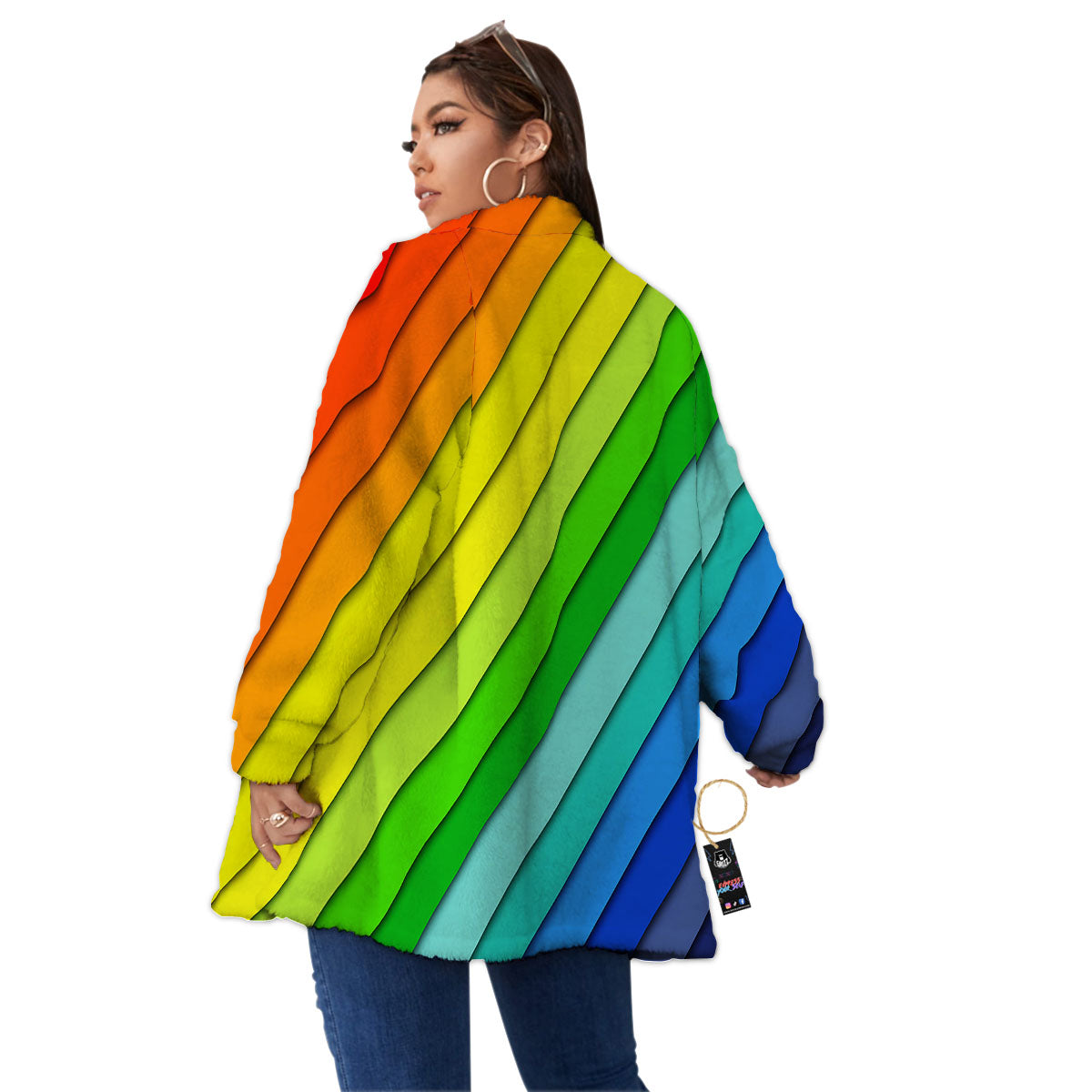 Lines Rainbow Diagonal Print Pattern Women's Sherpa Jacket-grizzshop